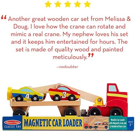 Melissa e Doug Magnetic Loader Toy Wooden Toy Conjunto com 4 carros e 1 caminhão semi -reboque - Toy de madeira de guindaste,
