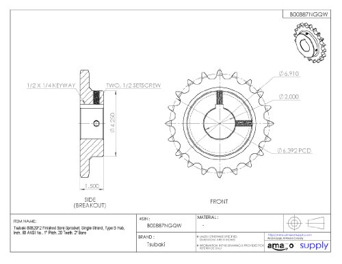 Tsubaki 80b20f-2 terminou roda dentada, fita única, polegada, 80 ANSI No., 1 Pitch, 20 dentes, 2 Bore