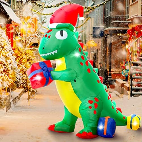 Decorações infláveis ​​de Natal de 6,8 pés, dinossauros infláveis ​​com chapéu de natal e caixa de presente, explodir