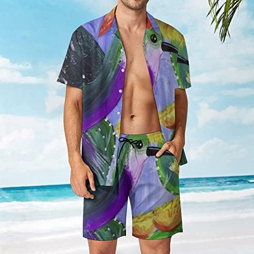 Paint Hummingbird Men 2 Peças Conjunto Hawaiian Button-Down Shirve Shirts Calças de praia Faixa Fit