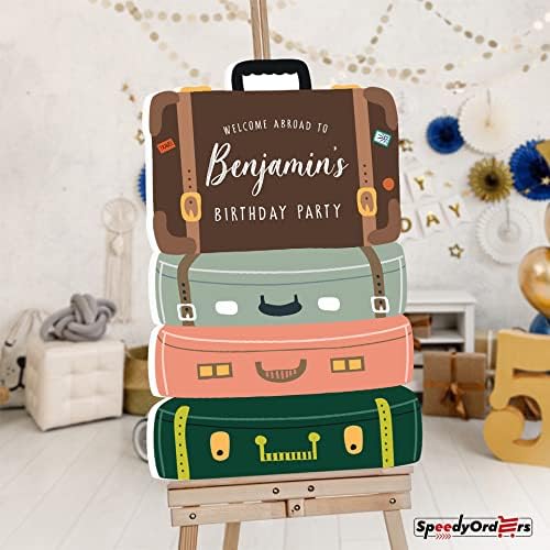 Sinal de festa de aniversário tem tema de viagem personalizada - decoração de festa de aniversário personalizada - mala vintage e