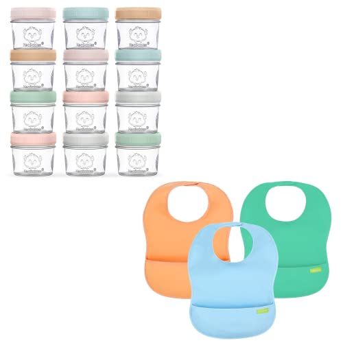 KeAbabies 12-Pack Glass Baby Food Rechioners e Bibs de bebê à prova d'água para comer-contêineres de armazenamento de bebês à prova