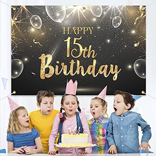 Hamigar 6x4ft Feliz 15º aniversário Banner de brilho de aniversario - Decorações de aniversário de 15 anos Mandes para meninos para meninos - Black Gold