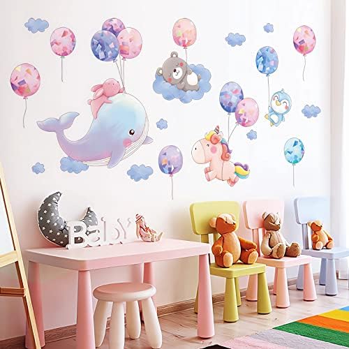 Decalques de parede de animais voadores coloridos decalques de balão adesivos de parede unicórnio para crianças decoração do quarto do berçário