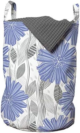 Bolsa de lavanderia azul cinza de Ambesonne, florescendo flores de folhagem de flores de esboço folhas de folhagem, cesta de cesto com alças fechamento de cordão para lavanderias, 13 x 19, violeta azul e cinza