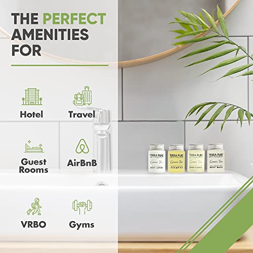 Terra Pure Green Tea 1,0 oz. Conjunto de produtos de higiene pessoal | 1 Shoppe All-in-Kit Comodidades para hotéis, Airbnb & Rentals | Shampoo e condicionador de hotéis, lavagem do corpo, loção para o corpo | Conjunto de viagens de 80 peças