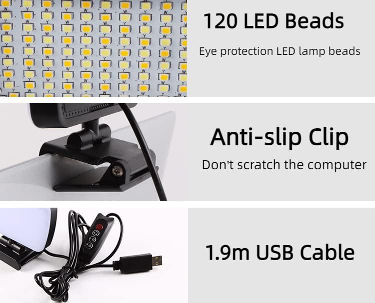 Luz de telefone LED com 120 contas de lâmpada ajustável para videoconferência LED clipe Light para aprender para maquiagem para trabalhar com clipe de frente e traseira para iluminação de webcam