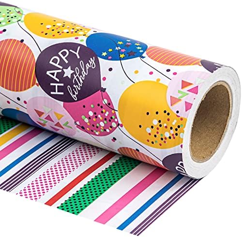 Papel de embrulho reversível de aniversário wrapaholic - mini roll - 17 polegadas x 33 pés - balão colorido com design de confete para aniversário, férias, festa, chá de bebê