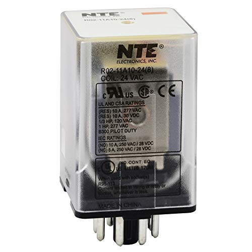 NTE Electronics R02-11A10-24 R02 RELIMENTO GERAL MULTICONTACT AC, arranjo de contato DPDT, 10 amp, plugue octal de 8 pinos, 24 VCA