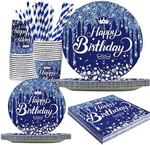 120pcs Blue and Silver Birthday Party Supplies Feliz aniversário Conjuntos de tableware - Pratos de papel descartáveis, incluindo