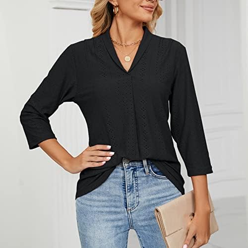 Camisas Hollow Out Women V colar de pescoço 3/4 mangas blusas tops ladies elegantes negócios tops casuais túnica de escritório