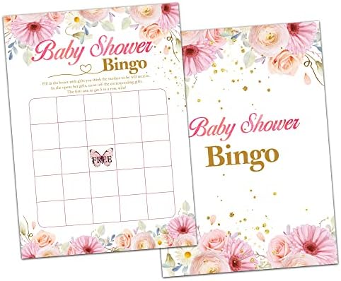 DOQPO Blush Pink Floral Baby Charf -Game, Cartões de Bingo de Bingo de Folhas de Ouro, Jogos de Festa Revela de Gênero, Suprimentos e Atividades de Festas de Baby Sofre, Conjunto de 30