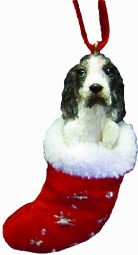 Springer Spaniel Christmas Stocking Ornament com detalhes de Papai Noel pintados à mão e com detalhes costurados