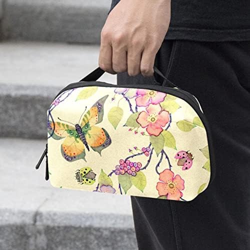 Carteira de bolsa de bolsa de viagem de caixa de transporte de caixa de transportar Cabo USB Acessório de bolso Zipper, Art Butterfly Flower Spring