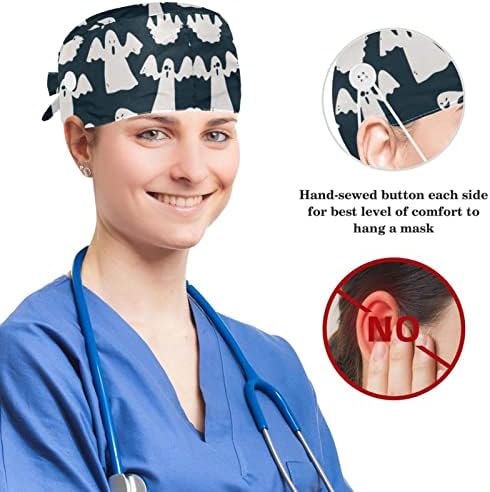 Chapéus cirúrgicos e scrunchie de orelha de coelho, Happy Halloween Scrub ajustável tampas com botão para mulheres médicas