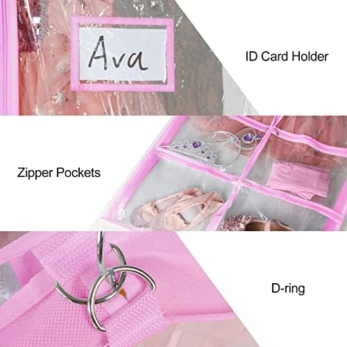 Univivi Clear Pink PVC Dance Costume Bolsa de vestuário 40 polegadas para competições de dança, com 4 bolsos médios