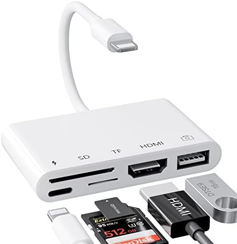 Adaptador LXJTHT HDMI, leitor de cartões SD/TF, adaptador de câmera USB de 5 em 1 para iPhone, adaptador Digital AV Digital 1080p, compatível com iPhone 13/12/11/XS/XR/X/8/7, iPad, TV/Projector/ Monitor1