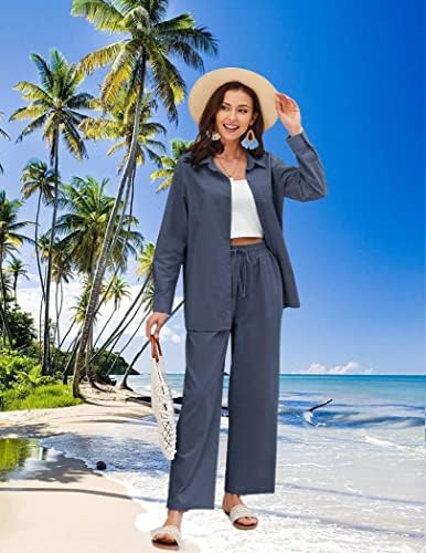 Zeagoo Mulheres 2 Peças Conjuntos de linho Button Down Linen Summer Summer Loose Pants Long Férias Roupas de praia