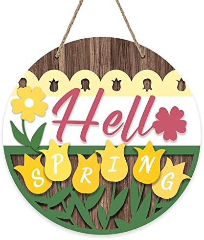 DERORO Hello Spring Tulip Flowers Sign Para decoração da porta da frente, cabide de porta de madeira floral