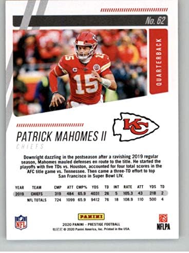 2020 Prestige NFL 62 Patrick Mahomes II Kansas City Chiefs Panini Football Trading Card