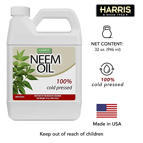 Óleo de Harris Neem, prensado a frio e não refinado para spray de plantas, pele e cabelo, 32 onças de concentrado de grau