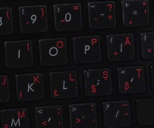 Etiquetas do teclado romeno em fundo transparente com letras vermelhas