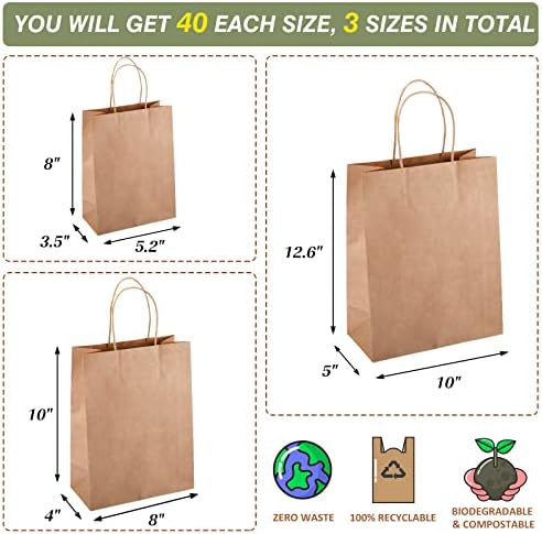 Tomnk 120pcs sacos de papel marrom com alças sacos de presente de tamanho misto a granel, sacos de papel kraft para negócios,