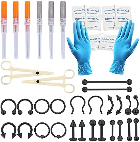 Bodyace 44-62pcs Kit de piercing profissional de aço cirúrgico, 14g 16g TRAGUS CARTILAGE EAR PIERCING AGELHA, TOLAS DE PEROGRAGEM