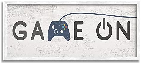 Stuell Industries Game On Video Gamer Phrase Blue Vintage Controller, projetado por Daphne Polselli White emoldurou arte de parede,