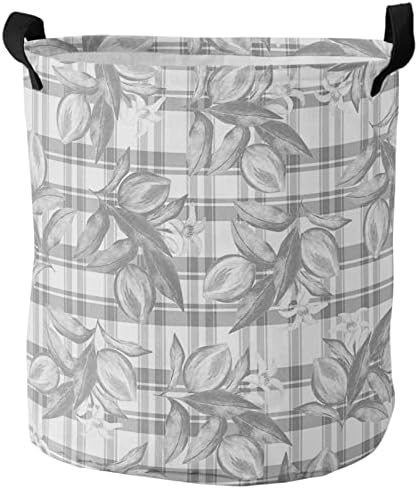 Lemão grande cesta de lavanderia, bolsa dobrável com alças, primavera no verão de frutas cinza búfalo xadre
