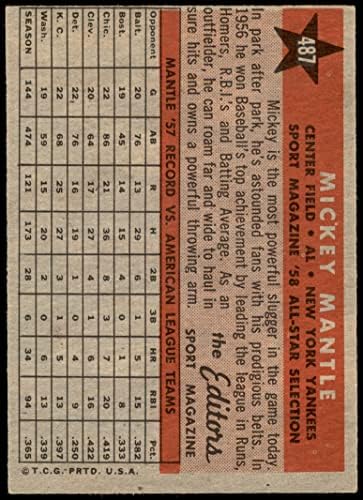 1958 Topps # 487 All-Star Mickey Mantle New York Yankees ex Yankees