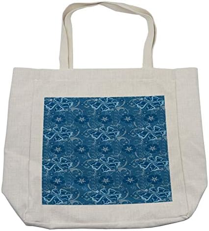Bolsa de compras de Ambesonne Luau, Padrão de arte azul inspirada na natureza polinésia com motivos e redemoinhos florais,