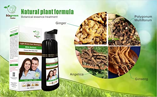 Biogreen Roots Shampoo 200ml - Shampoo de cor de cabelo castanho claro com herbais - Capas de cabelos grisalhos para homens