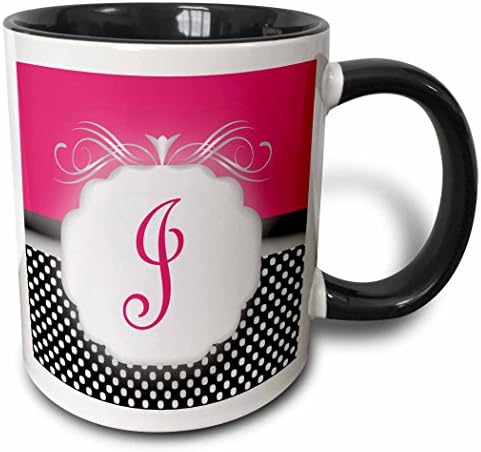 3drose elegante rosa com preto e branco Polka Dot Monogram letra J Two Tone Caneca, 11 oz