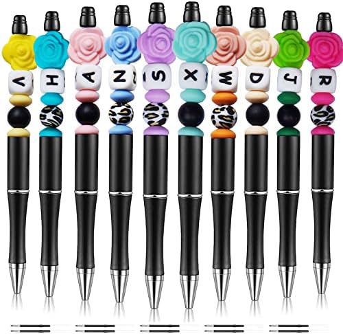 Canetas de gorjeta com contas de silicone para canetas, canetas de miçangas de caneta preta de caneta com contas multicoloridas para artesanato, conjunto de 10 canetas e 10 refils de caneta
