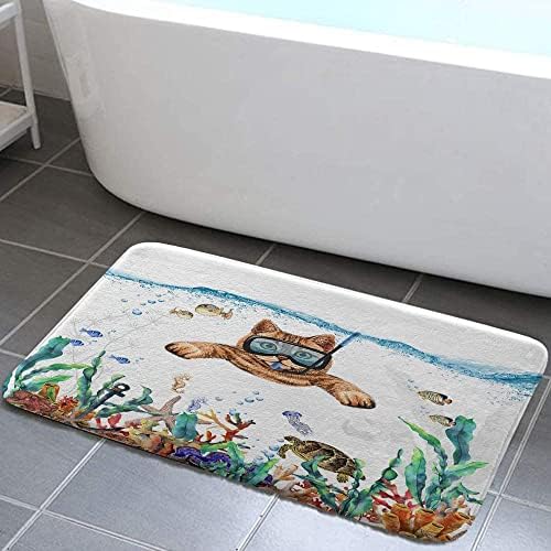 Uokiuki engraçado tapete de banheiro de gato tapete, tapetes de banho de mergulho de gato, peixes tropicais coral subaquático animal marinho não deslizamento para banheiros para piso, banheira e chuveiro, 17x29inCh