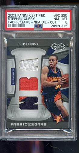 2009-10 Panini Certified Fabric do jogo 2/50 Stephen Curry Rookie RC Game Usado jogo gasto Jersey PSA 8 Cartão de