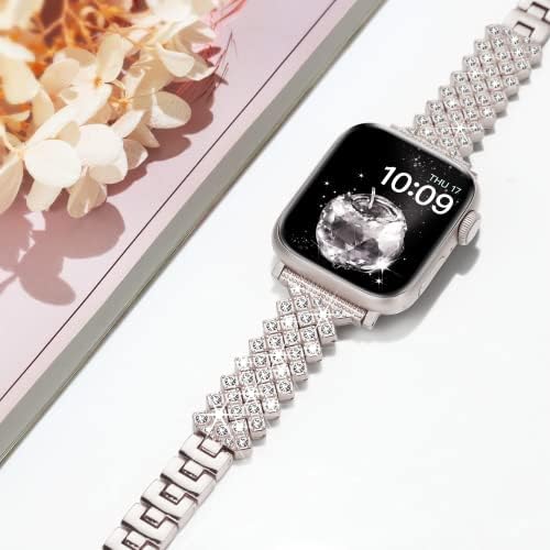 Compatível com Starlight Apple Watch Band 41mm 40mm 38mm, Bling Diamond Band de grandes dimensões para mulheres, bracelete de charme de luxo fofo, banda de metal de moda esbelta para Iwatch Series 8/7/6/5/4/3/3/1/se-starlight