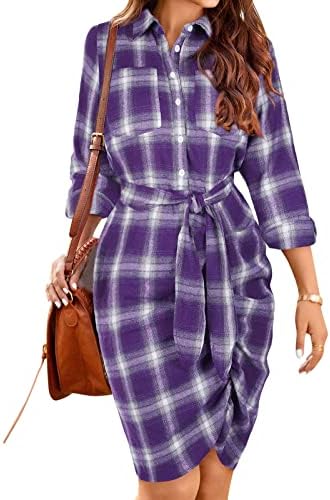 Moda feminina Casual Casual Camisa de manga comprida Lapel Salia curta vestido xadrez