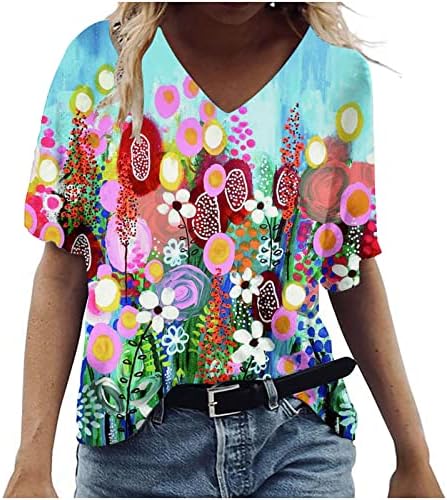 Garotas adolescentes Deep V pescoço de algodão Floral Foled Fit de grandes dimensões Camisa de primeira linha casual para mulheres Fall Summer