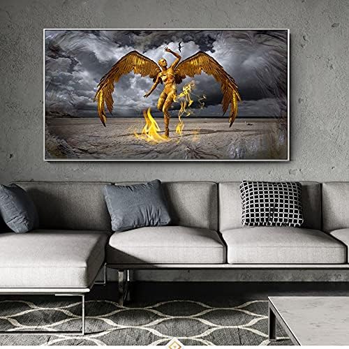 Poster de parede anjo de cor dourada impressão de arte de asa moderna anjo abstrato anjo com fogo cuadros picture for later sala de parede decoração