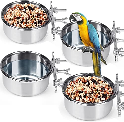 Linifar Parrot alimentador de pássaro copos de alimentação de alimentos de aço inoxidável com suporte de grampo para o periquito parrt