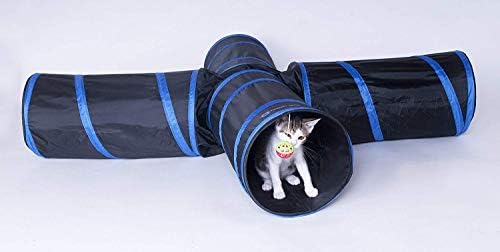 Purrfect Feline - Túnel de gato de 4 vias e brinquedos de gato e brinquedos de gato interativo com bola de gato - suprimentos para gatos internos - adequados para furões, coelhos ou cães pequenos - azul escuro - l