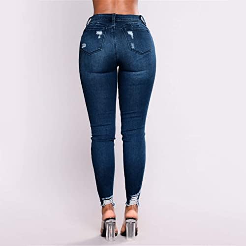 Jeans magros de cintura magra de cintura magra de feminino de mulheres elásticas emagrecidas de jeans de jeans Destruído PLUST