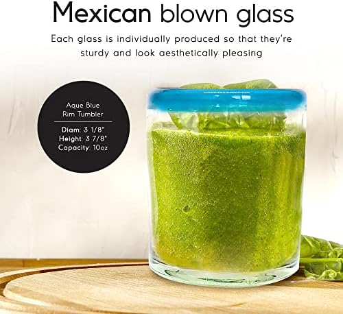 MEXHANDCraft Aqua Blue Rim Glasses 10 oz, conjunto de 6, copos artesanais mexicanos, vidro reciclado, chumbo e toxina livre