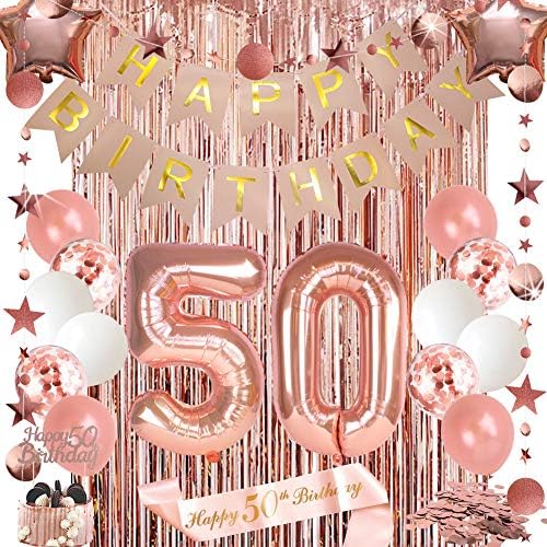 Decorações de aniversário de 50º aniversário para mulheres, bandeira de feliz aniversário, bolo de aniversário de 50º aniversário