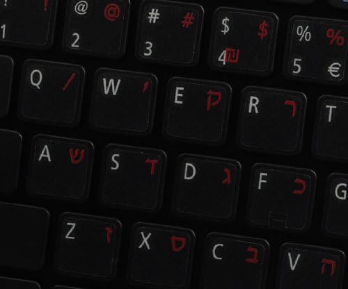 Etiquetas de teclado hebraico em fundo transparente com letras vermelhas