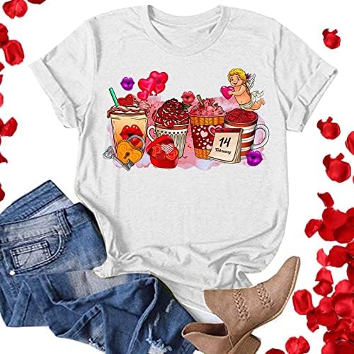 Nokmopo Valentine Tops feminino Love Love Print Round Pescoço curto Manga curta Camiseta de malha com nervuras de topo