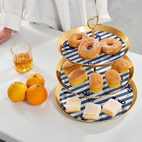 3 Stando de sobremesa em camadas, suporte de árvore da torre de cupcakes dourados para pastelaria, âncora no exército Blue Stripe Round Cupcake Display Stand