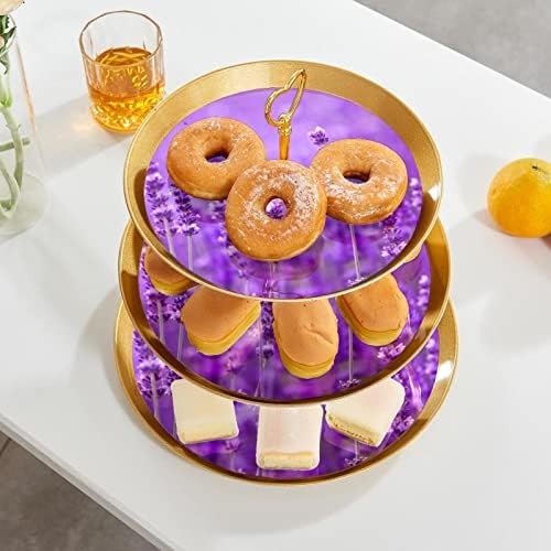 3 Placa de fruta de cupcake de 3 camadas de sobremesa Plástico para servir suporte de exibição para casamento de aniversário Decorações de chá de chá de chá de bebê redondo, Provence Lavender Flower Purple
